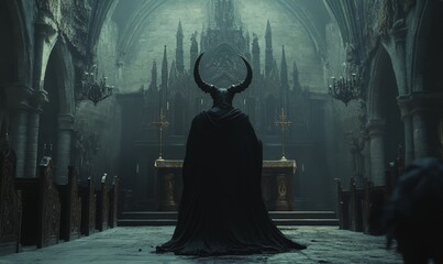 Wall Mural - Devilish figure stands in a gothic church.