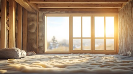 Poster - The interior of an unfinished room features exposed wooden beams and raw building materials with natural light streaming through, conveying a warm and inviting home renovation concept.