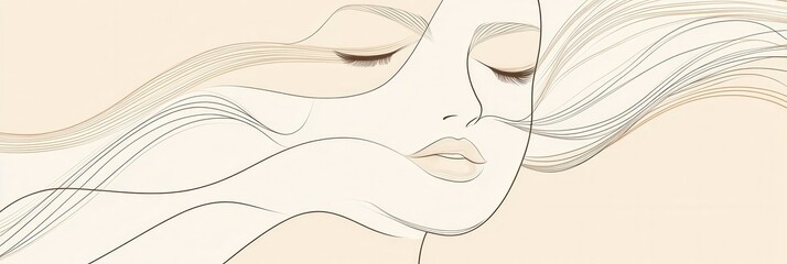 Wall Mural - Delicate lines shape a peaceful female face with closed eyes, evoking feelings of calm and contemplation in a minimalist aesthetic. Generative AI