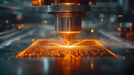 A laser engraving machine in action highlights precision cutting with a glowing orange beam, featuring intricate details and sparks, high-tech manufacturing and modern craftsmanship in an industrial s