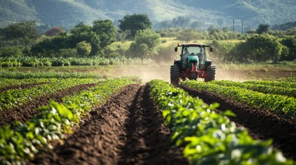 Poster - Tractor Cultivating a Field of Green Crops