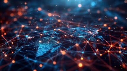Poster - A digital representation of a global network with interconnected nodes and data flow.