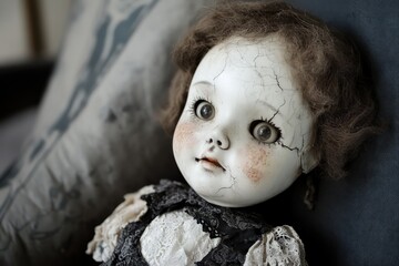 A haunted doll with cracked porcelain skin. 