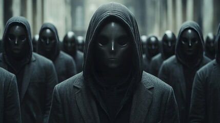 Poster - A group of people wearing black hoodies and masks stand in a line