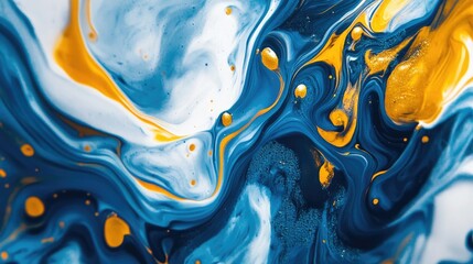 A close-up of swirling blue and yellow paint forming fluid abstract patterns on a white background.