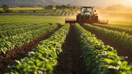 Poster - Tractor Harvesting Crops in a Field at Sunset