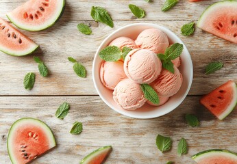 Sticker - Watermelon ice cream scoops in a bowl with fresh mint and watermelon slices.