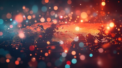 Poster - A digital representation of a world map with glowing points and colorful bokeh effects.