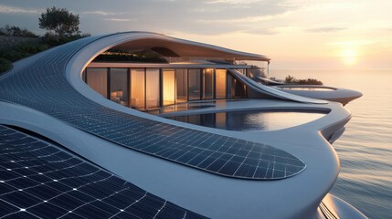 Poster - Modern, Futuristic Coastal Home with Solar Panels and Infinity Pools