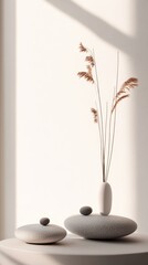 Poster - minimalist vase arrangement with stones in natural light, peaceful home decor concept