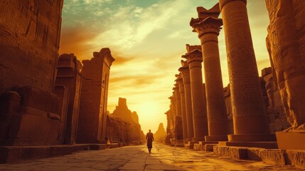 Wall Mural - A lone figure walks through a colonnaded path in an ancient Egyptian temple during a golden sunset.