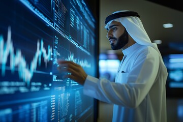 arab businessman in white robe analyzing financial data on digital screen.