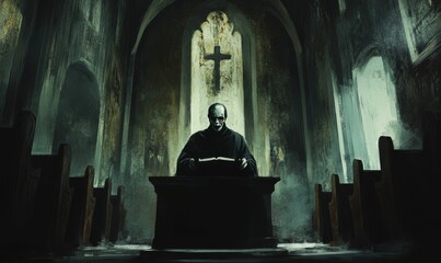 Wall Mural - A hooded figure reads in a dark church.