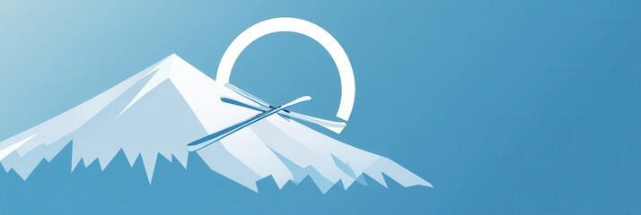 Poster - A creative logo showcases a pair of crossed skis in front of a snowy mountain with a circular sun, emphasizing winter sports and adventure. Generative AI