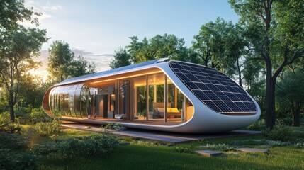 Poster - Modern, Curved House with Solar Panels in a Forest Setting