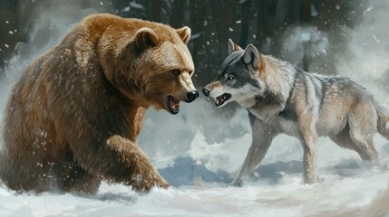 Sticker - A Grizzly Bear and a Wolf Facing Each Other in a Snowy Forest