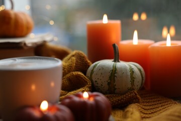 Sticker - Cup of coffee, pumpkins and burning candles on soft sweater, closeup. Autumn atmosphere