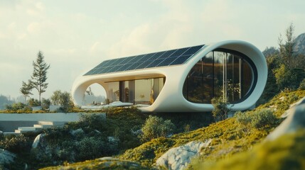 Sticker - Modern, Curving House with Solar Panels on a Hillside