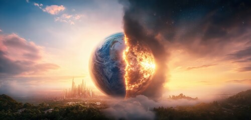 Apocalyptic transformation of planet Earth in a dramatic cosmic landscape with fire explosion and turbulent clouds against a fiery sunset sky