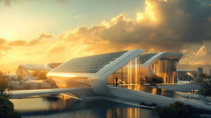 Canvas Print - Futuristic Architecture with Solar Panels and a Water Feature