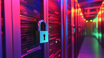 A secured server room with a padlock, highlighting data protection and cybersecurity.