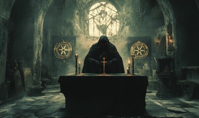 Wall Mural - Hooded figure in a dark church with candles.