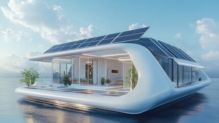 Sticker - Futuristic Solar-Powered Houseboat Floating on Calm Water