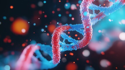 Poster - Energetic futuristic 3D rendering of a DNA molecule helix with a dynamic modernized and abstract fluid texture  The microscopic view showcases the intricate genetic structure and organic patterns