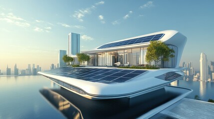 Wall Mural - Futuristic Modern Home with Solar Panels on Rooftop Overlooking Cityscape