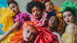 © VERTEX SPACE - Vibrant group of women showcasing colorful fashion with bold makeup and ruffled dresses, exuding confidence and creativity in lively atmosphere