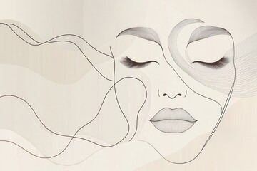 Wall Mural - Delicate lines weave together to form the outline of a calm female face, emphasizing tranquility and minimalism in art. Generative AI