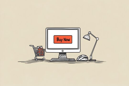 Minimalist Computer Mouse Clicking on Buy Now Button for Online Shopping Concept