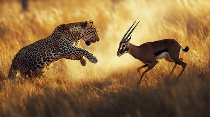 Sticker - A Leopard Leaping Towards a Running Springbok in a Golden Grassland