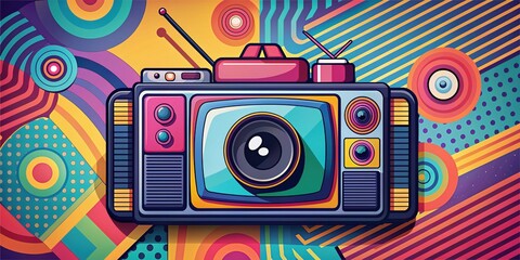 Modern vector illustration of a retro TV with a camera lens in the center, surrounded by abstract shapes and geometric patterns in bold colors.