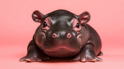 A cute baby hippopotamus lying down against a pink background, facing the camera with a calm and endearing expression.