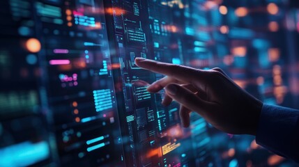 Poster - A hand interacting with a digital interface displaying data and analytics.