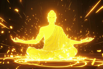 Wall Mural - A glowing yellow figure with outstretched arms, wearing white monastic robes and surrounded by light rays against a dark background