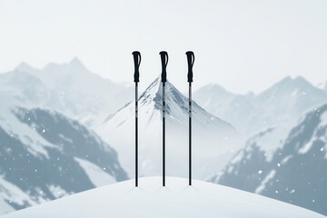 Poster - Ski poles are prominently positioned in a snowy landscape, with towering mountains casting a stunning backdrop in winter conditions. Generative AI