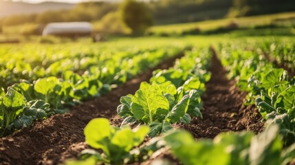 Canvas Print - A Close-Up View of Green Lettuce Plants Growing in Rows in a Field