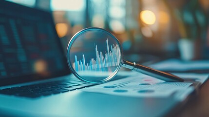 Poster - A magnifying glass over a laptop displaying data charts and graphs.