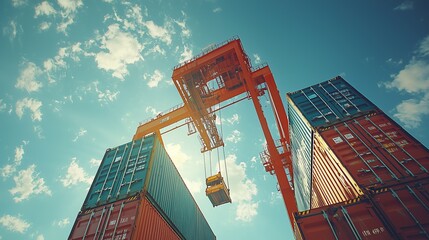 A red gantry crane lifts a yellow container against a blue sky with white clouds.