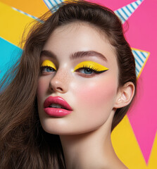 Wall Mural - model with brown hair and yellow eyeshadow wearing pink lipstick, in the background colorful geometric shapes in bright colors