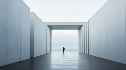 Poster - A Solitary Figure Walking Through a Modern Concrete Structure Towards the Sea