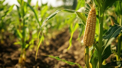 Canvas Print - A Single Ear of Corn in a Field of Green Corn Stalks