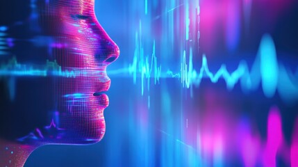 Poster - A digital profile of a human head with sound waves, symbolizing voice recognition technology.