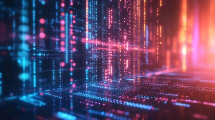 Poster - Abstract digital landscape with glowing lines and dots, representing data flow and technology.