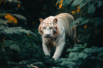 A majestic white albino tiger in his natural environment.