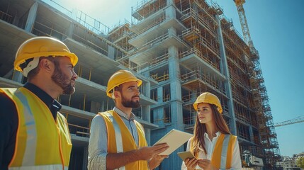 Construction Site With Excavators on Sunny Day: Diverse Team Of Male And Female Real Estate Developers Discussing Project. Engineer, Architect, Inspector Talking About Apartment Building, Using