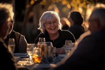 Canvas Print - Elderly friends and family enjoying an outdoor dinner party, laughing together at the table. The focus is on a woman with white hair, with other guests smiling behind her.