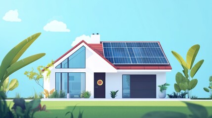 Wall Mural - Modern House with Solar Panels and Lush Greenery